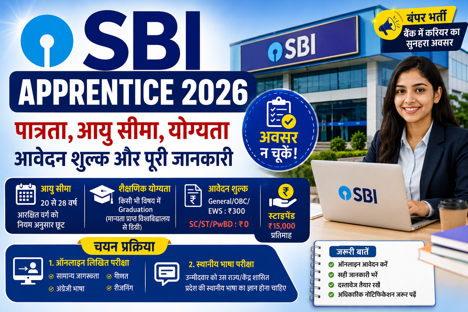 SBI Apprentice 2026 पात्रता, आयु सीमा, आवेदन शुल्क, योग्यता और चयन प्रक्रिया की जानकारी।