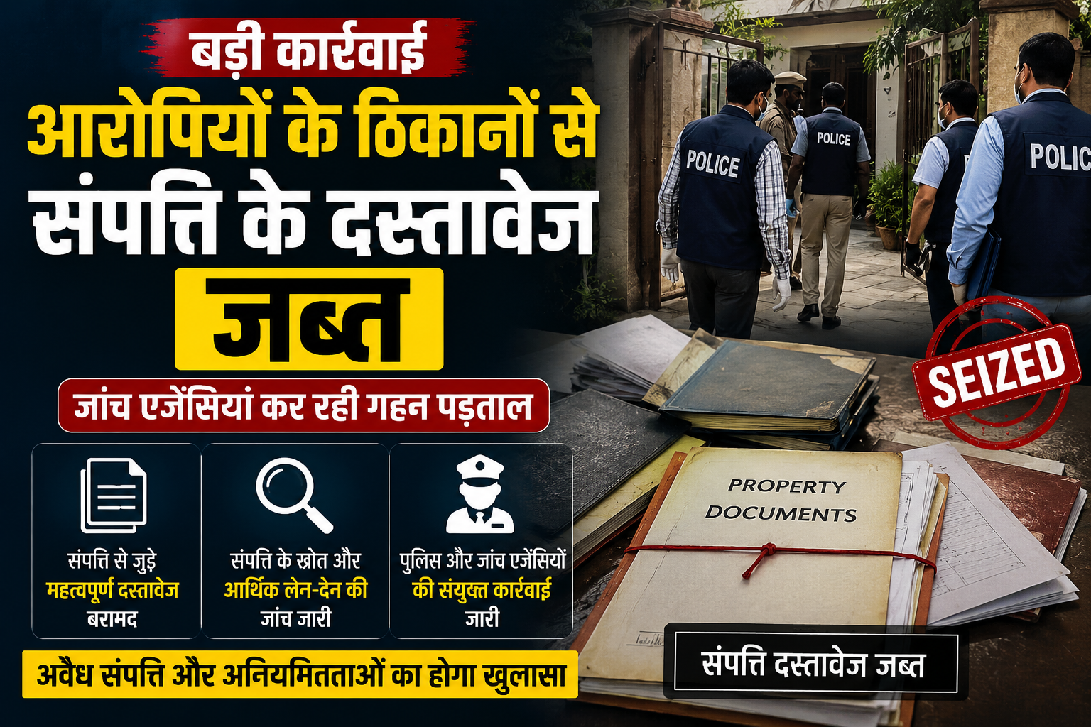 आरोपियों के ठिकानों से संपत्ति के दस्तावेज जब्त