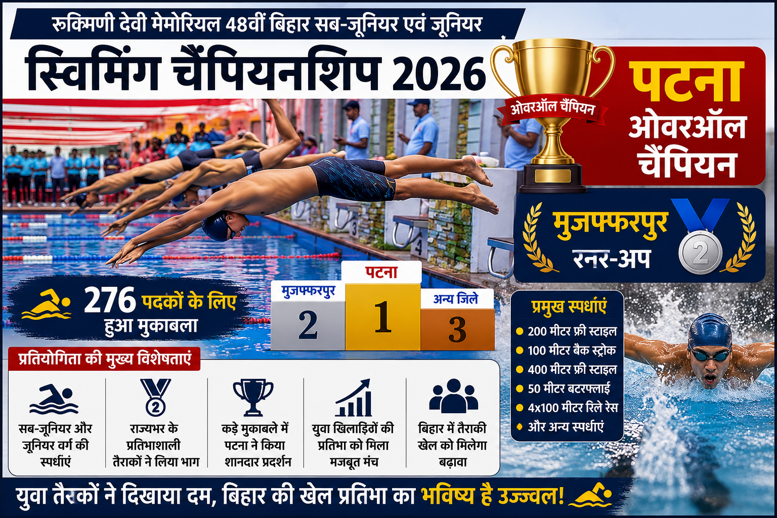 बिहार सब-जूनियर एवं जूनियर स्विमिंग चैंपियनशिप में तैराकी प्रतियोगिता के दौरान खिलाड़ी