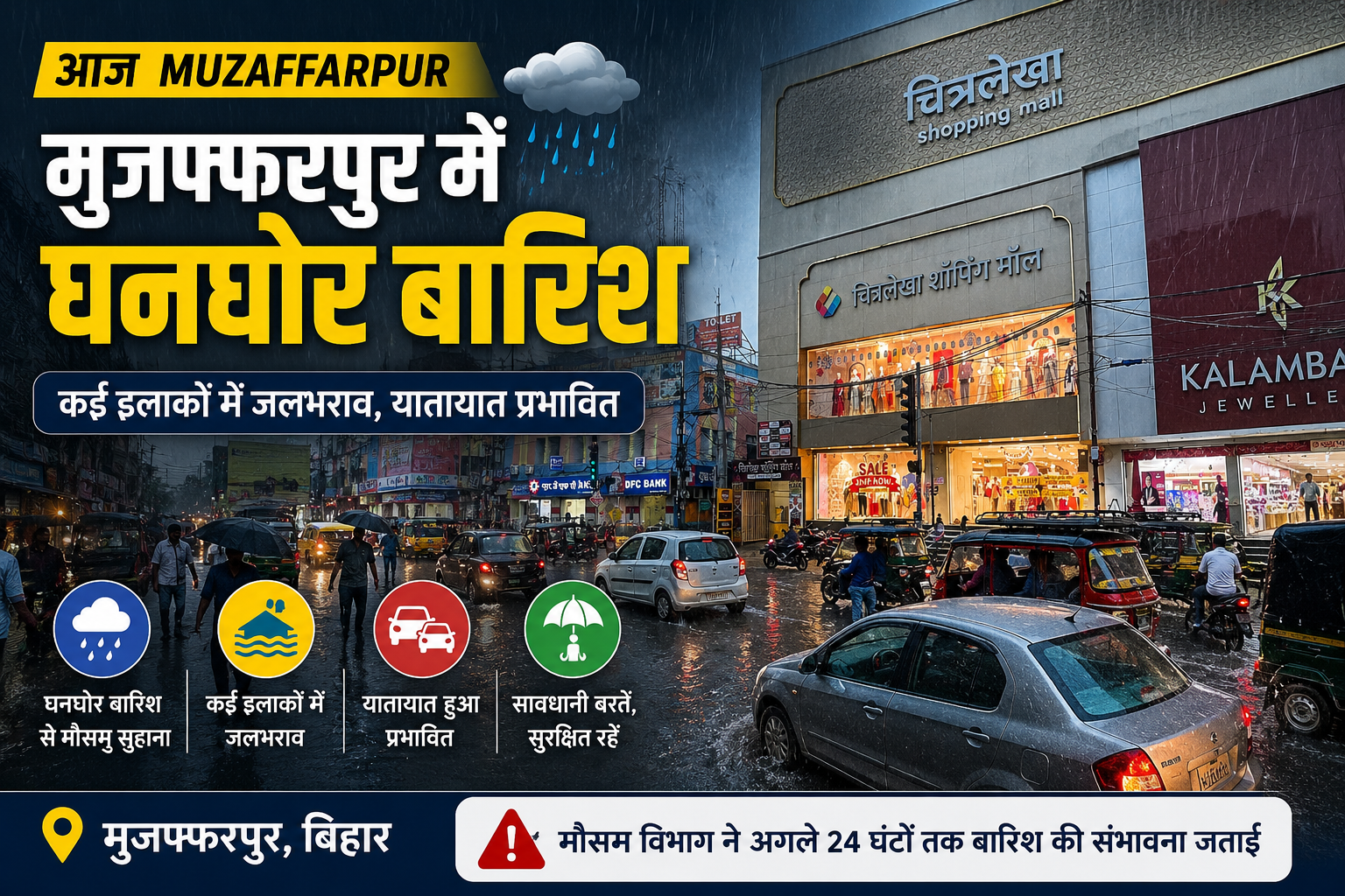 मुजफ्फरपुर के कलमबाग चौक स्थित चित्रलेखा शॉपिंग मॉल के पास घनघोर बारिश के दौरान ट्रैफिक और बाजार का दृश्य