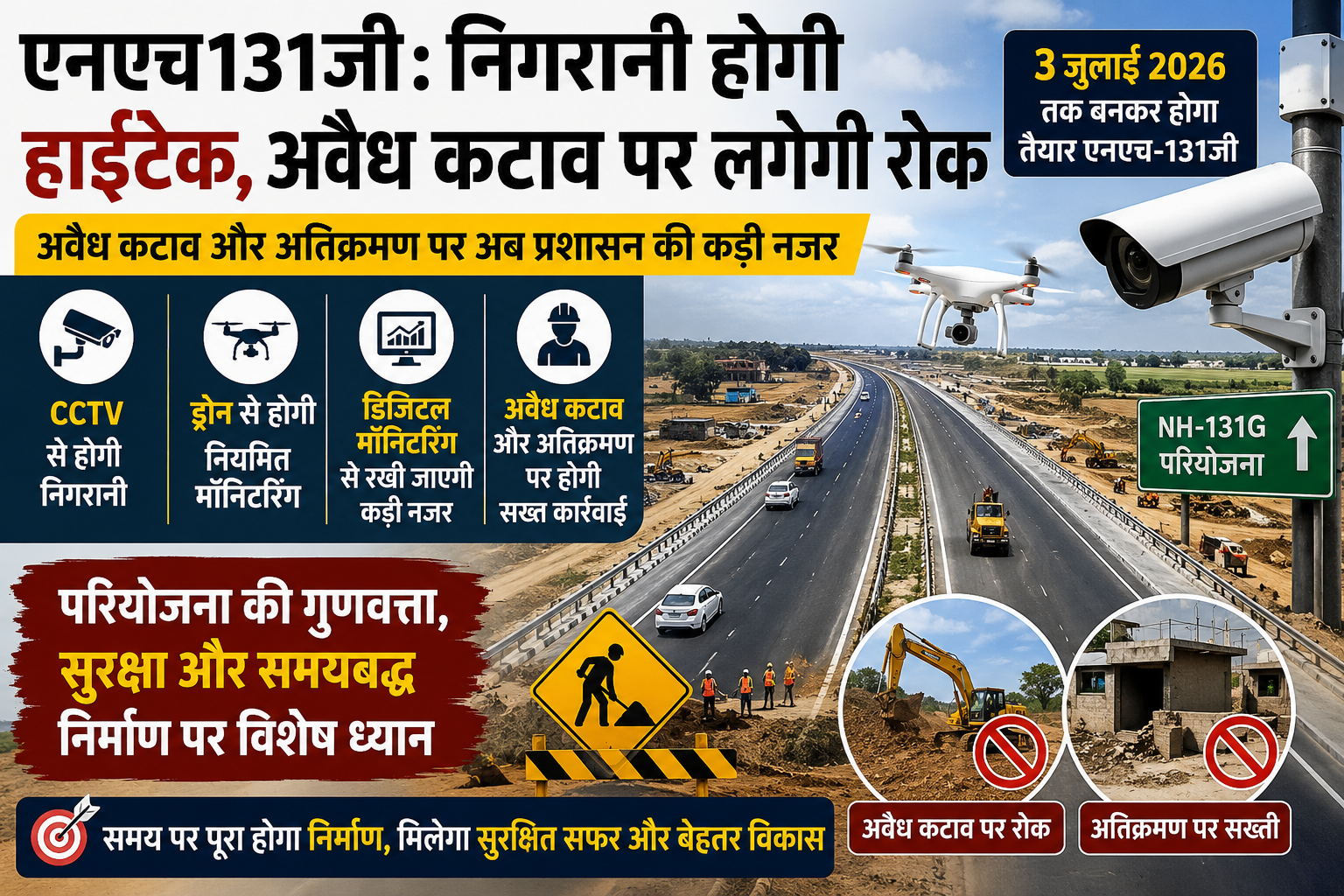 NH-131G परियोजना में हाईटेक निगरानी और अवैध कटाव पर सख्त कार्रवाई।