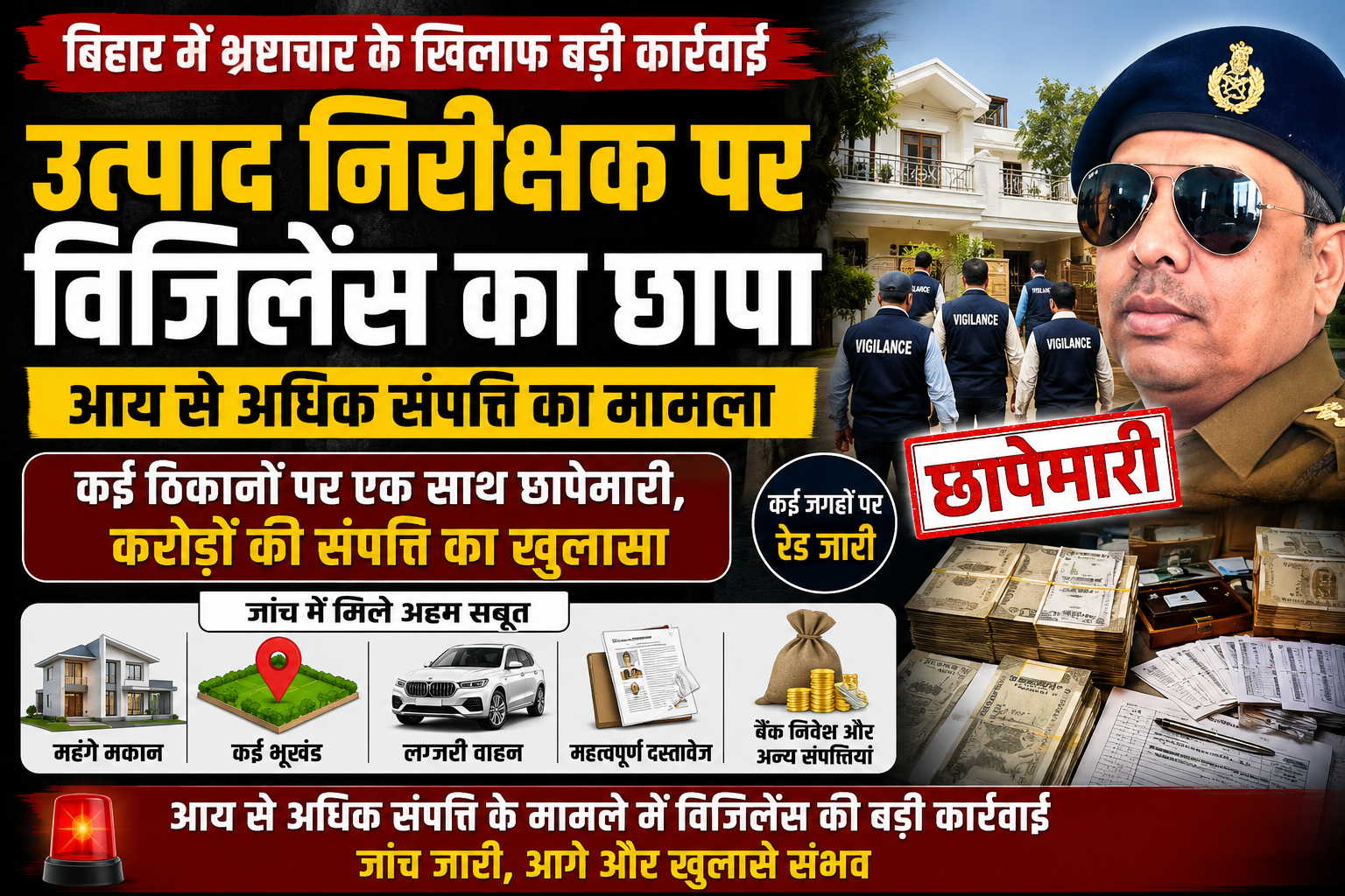 बिहार में आय से अधिक संपत्ति मामले में उत्पाद निरीक्षक के ठिकानों पर विजिलेंस की कार्रवाई