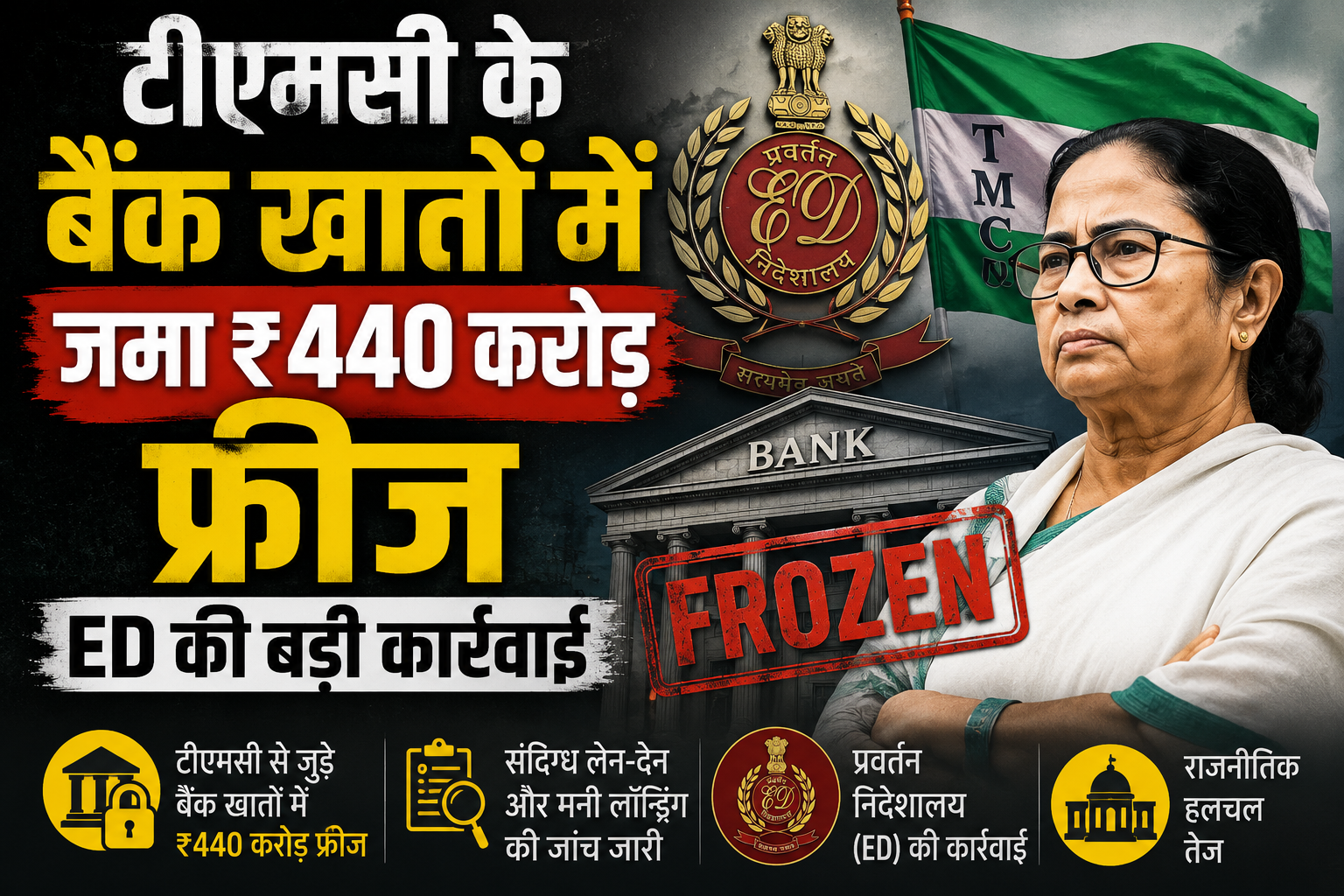 ED द्वारा टीएमसी से जुड़े बैंक खातों में ₹440 करोड़ की राशि फ्रीज करने की खबर