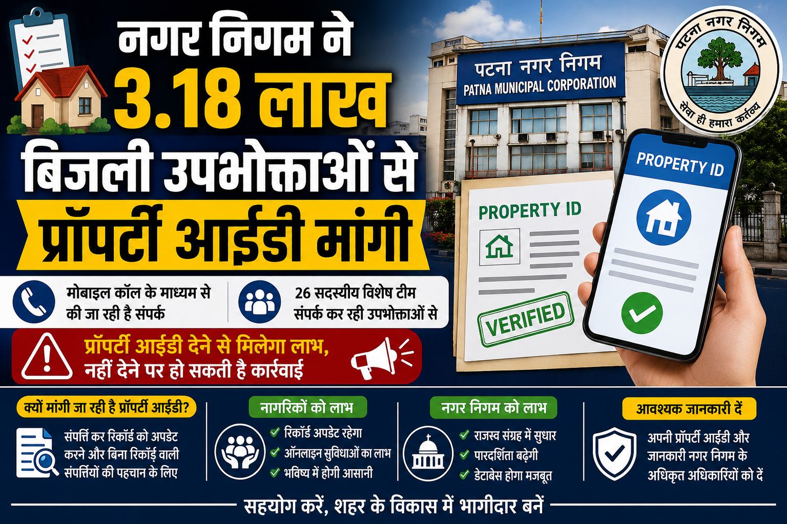 पटना नगर निगम द्वारा 3.18 लाख बिजली उपभोक्ताओं से प्रॉपर्टी आईडी मांगने का अभियान