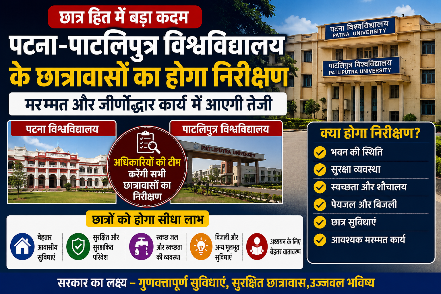 पटना और पाटलिपुत्र विश्वविद्यालय के छात्रावासों का निरीक्षण