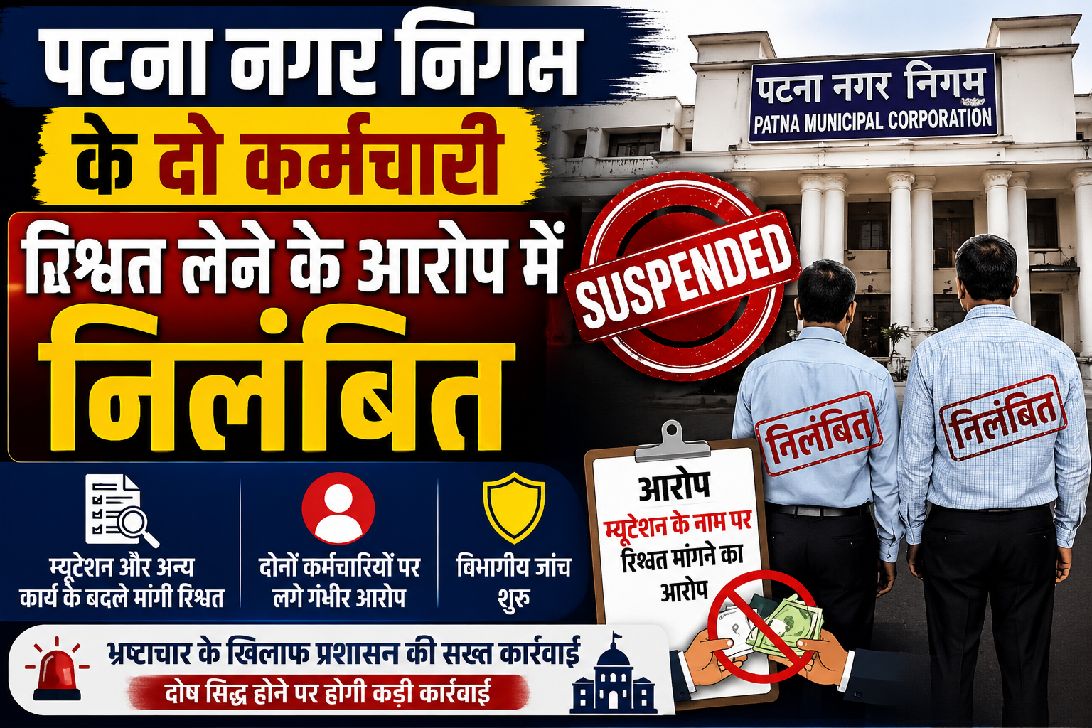 पटना नगर निगम के दो कर्मचारियों पर रिश्वत लेने के आरोप में कार्रवाई