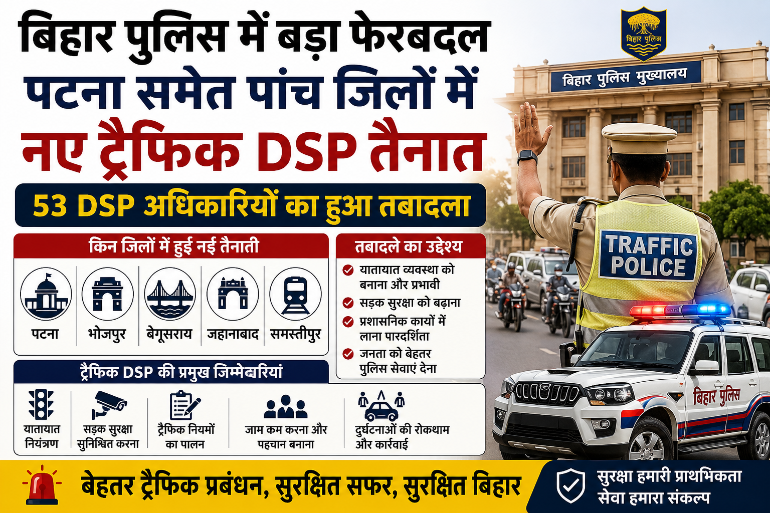 पटना समेत 5 जिलों में नए ट्रैफिक DSP तैनात
