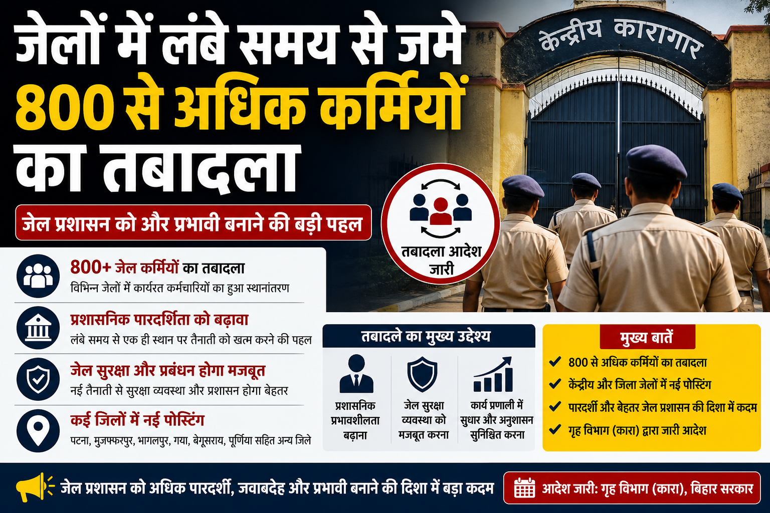 बिहार जेल विभाग में 800 कर्मियों का तबादला