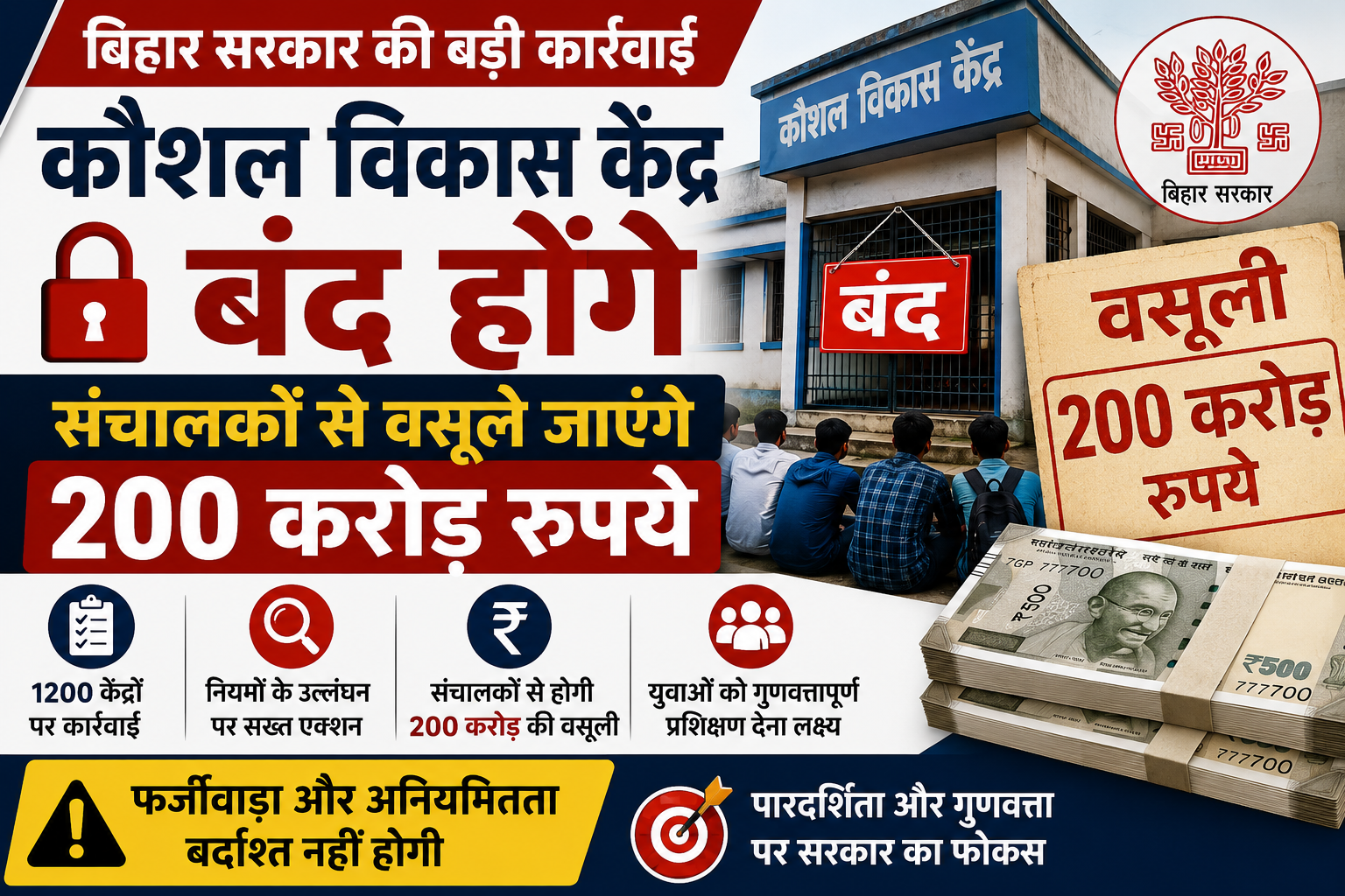 बिहार में कौशल विकास केंद्रों पर कार्रवाई और 200 करोड़ रुपये की वसूली