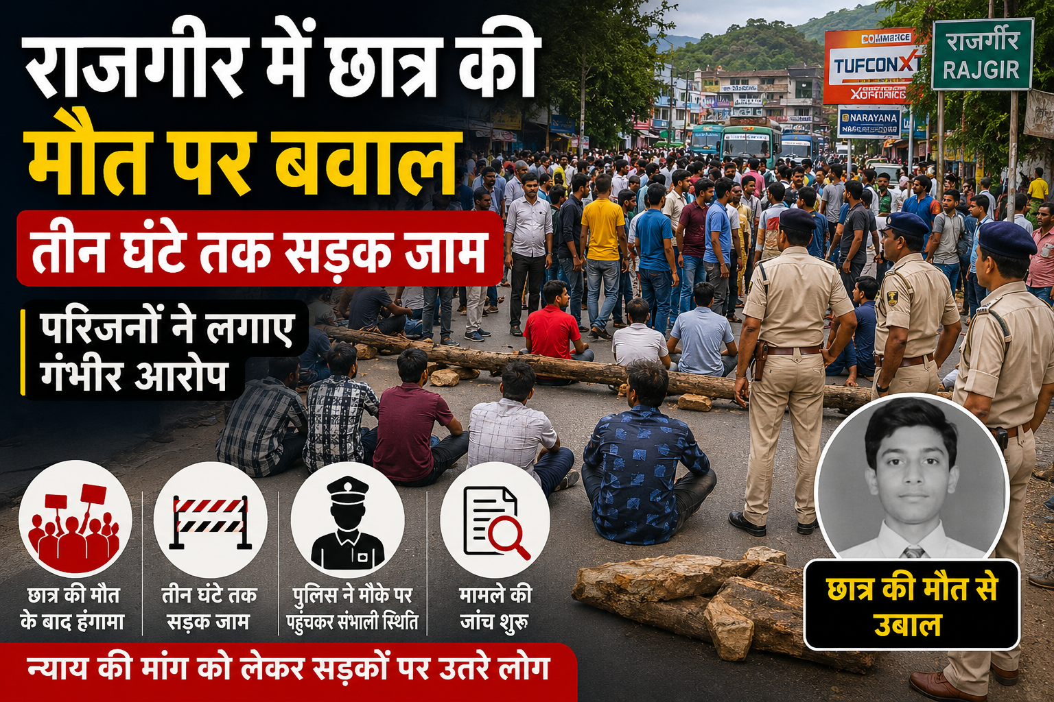 राजगीर में छात्र की मौत के बाद सड़क जाम और प्रदर्शन।