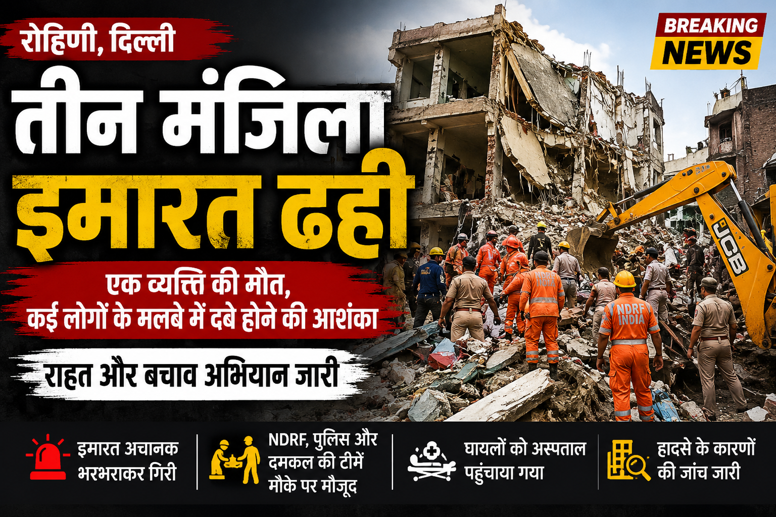 दिल्ली के रोहिणी में तीन मंजिला इमारत गिरने के बाद मलबे में राहत और बचाव कार्य